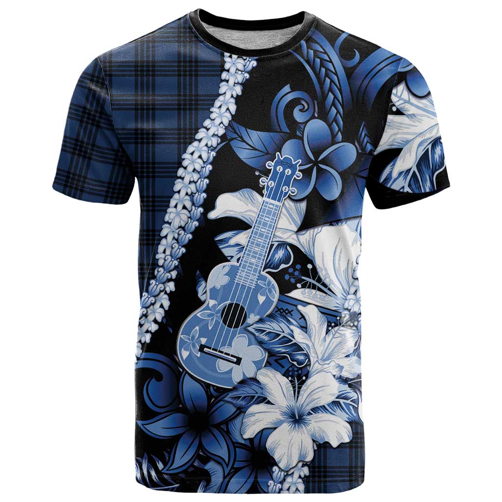 Hawaii Ukulele T Shirt Tropical Flowers With Palaka Effect Blue Version - Polynesian Pride