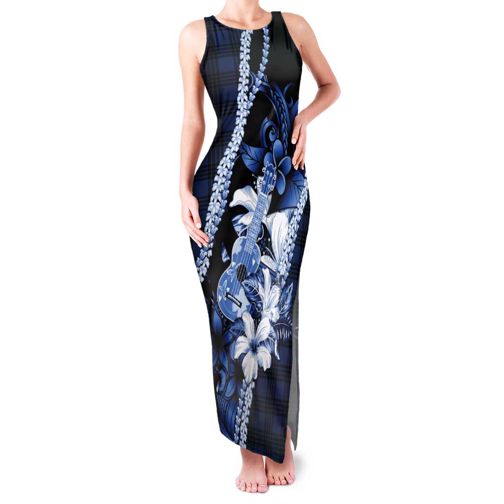 Hawaii Ukulele Tank Maxi Dress Tropical Flowers With Palaka Effect Blue Version - Polynesian Pride