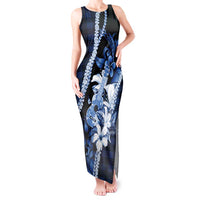 Hawaii Ukulele Tank Maxi Dress Tropical Flowers With Palaka Effect Blue Version - Polynesian Pride