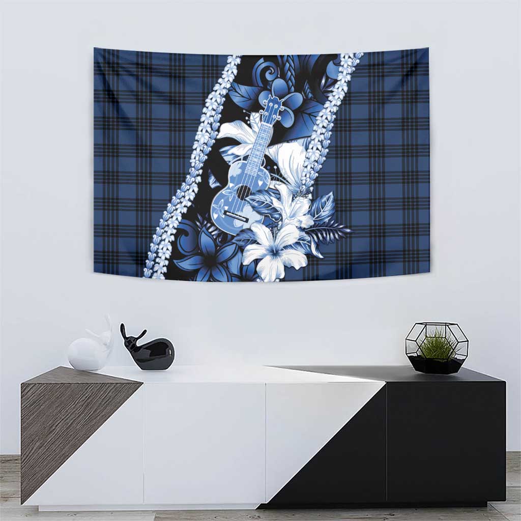 Hawaii Ukulele Tapestry Tropical Flowers With Palaka Effect Blue Version - Polynesian Pride