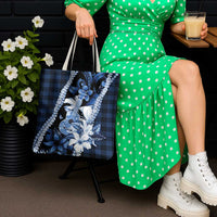 Hawaii Ukulele Tote Bag Tropical Flowers With Palaka Effect Blue Version - Polynesian Pride