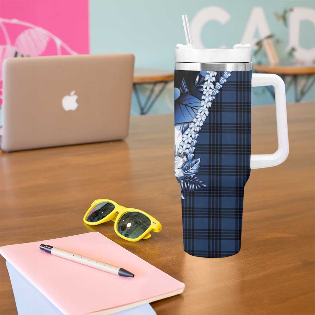 Hawaii Ukulele Tumbler With Handle Tropical Flowers With Palaka Effect Blue Version - Polynesian Pride