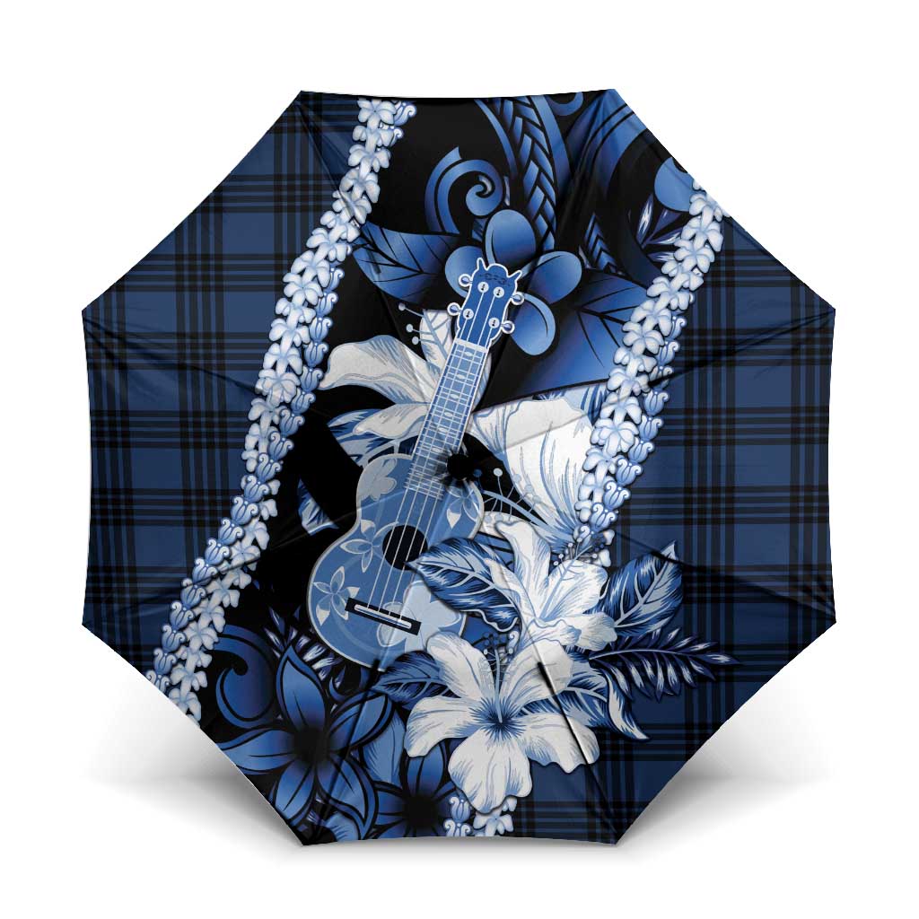 Hawaii Ukulele Umbrella Tropical Flowers With Palaka Effect Blue Version - Polynesian Pride