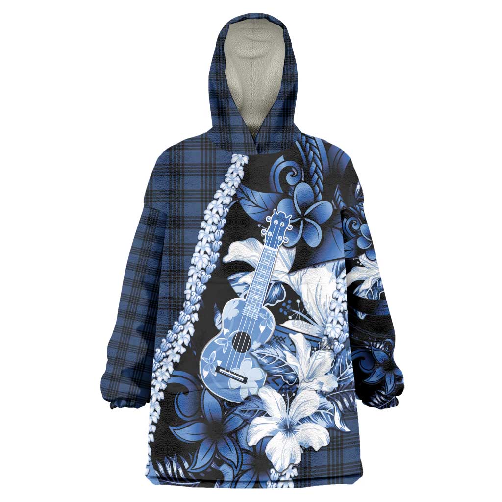 Hawaii Ukulele Wearable Blanket Hoodie Tropical Flowers With Palaka Effect Blue Version LT05 One Size Blue - Polynesian Pride