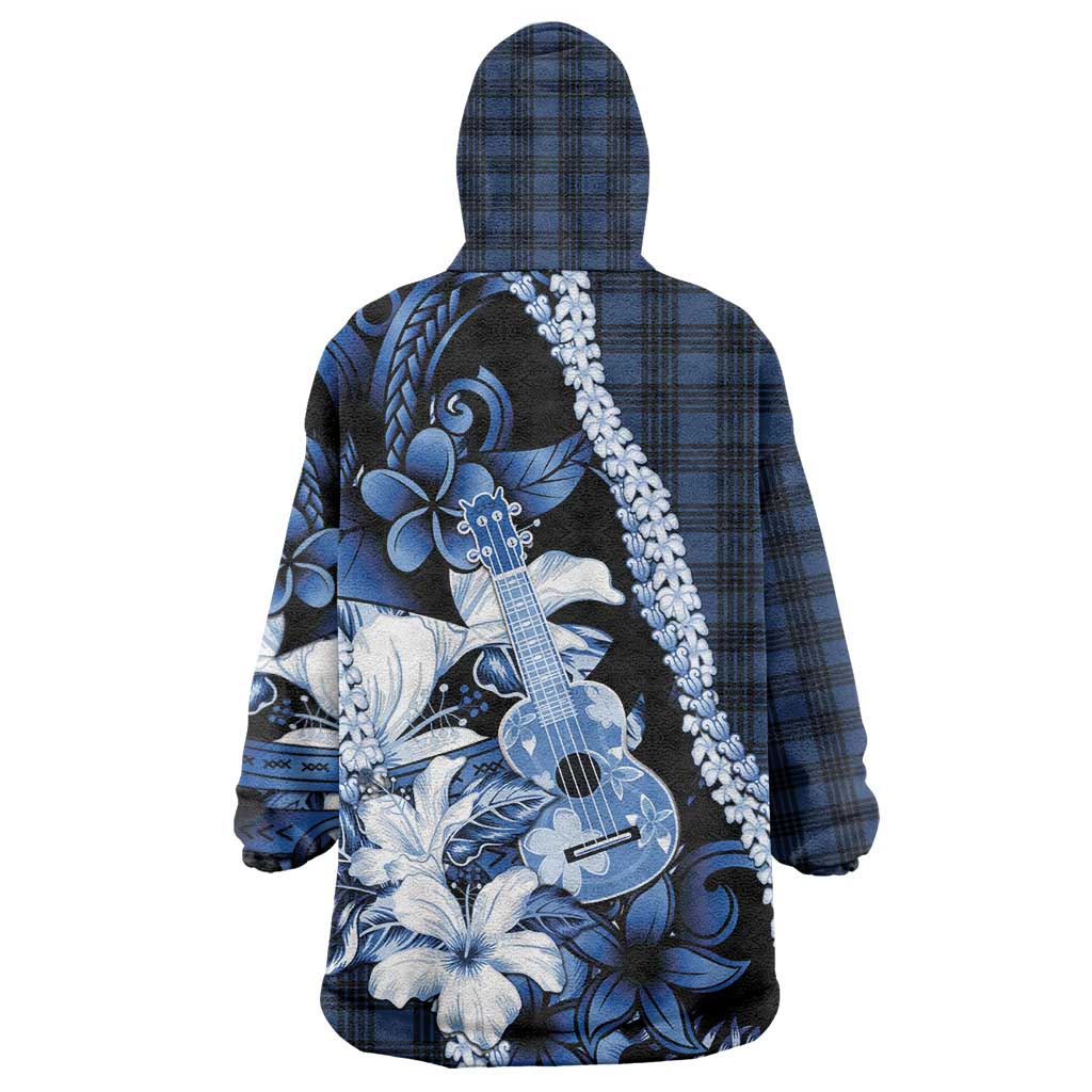 Hawaii Ukulele Wearable Blanket Hoodie Tropical Flowers With Palaka Effect Blue Version LT05 - Polynesian Pride