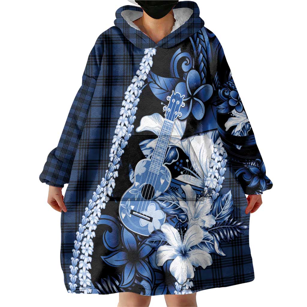 Hawaii Ukulele Wearable Blanket Hoodie Tropical Flowers With Palaka Effect Blue Version LT05 - Polynesian Pride