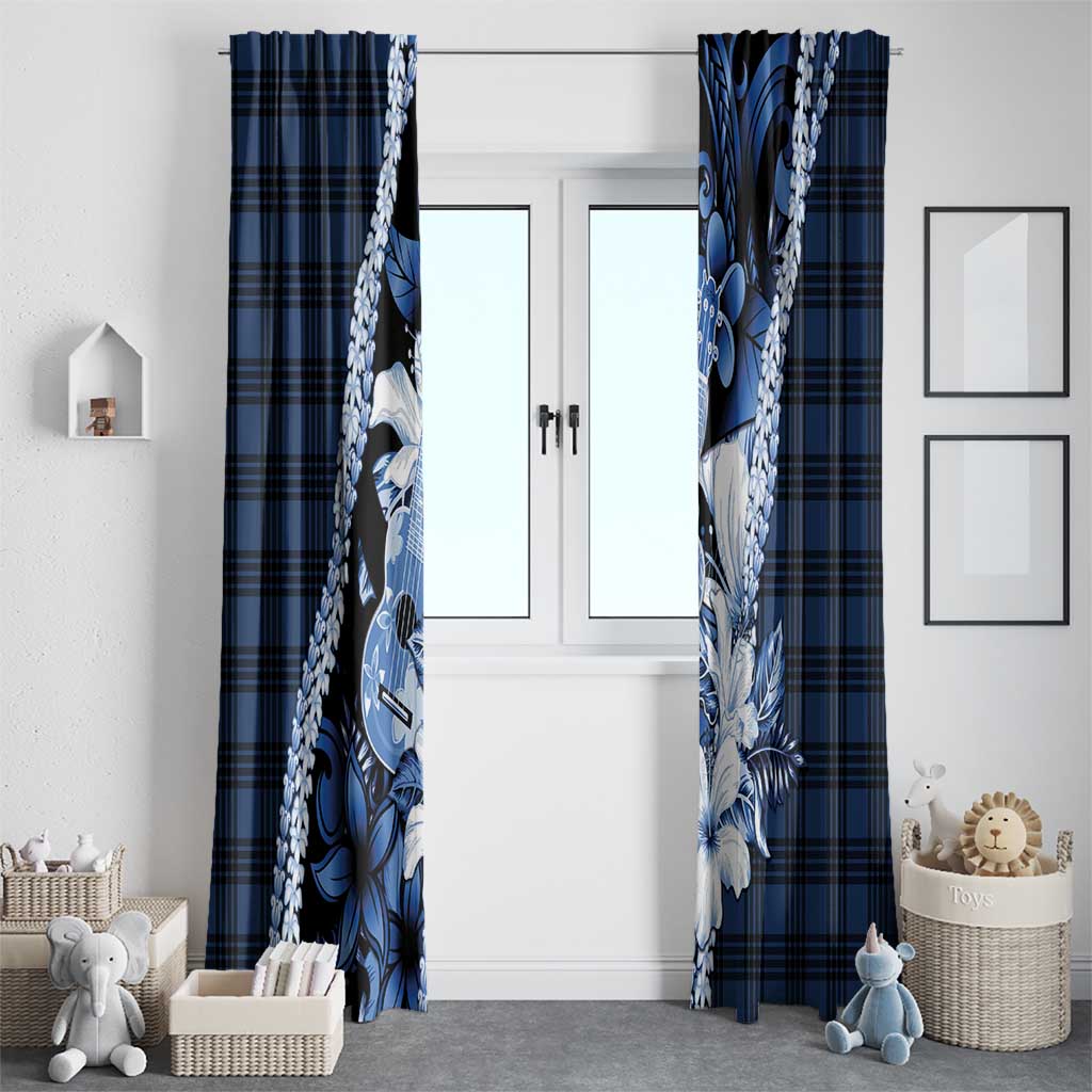 Hawaii Ukulele Window Curtain Tropical Flowers With Palaka Effect Blue Version - Polynesian Pride