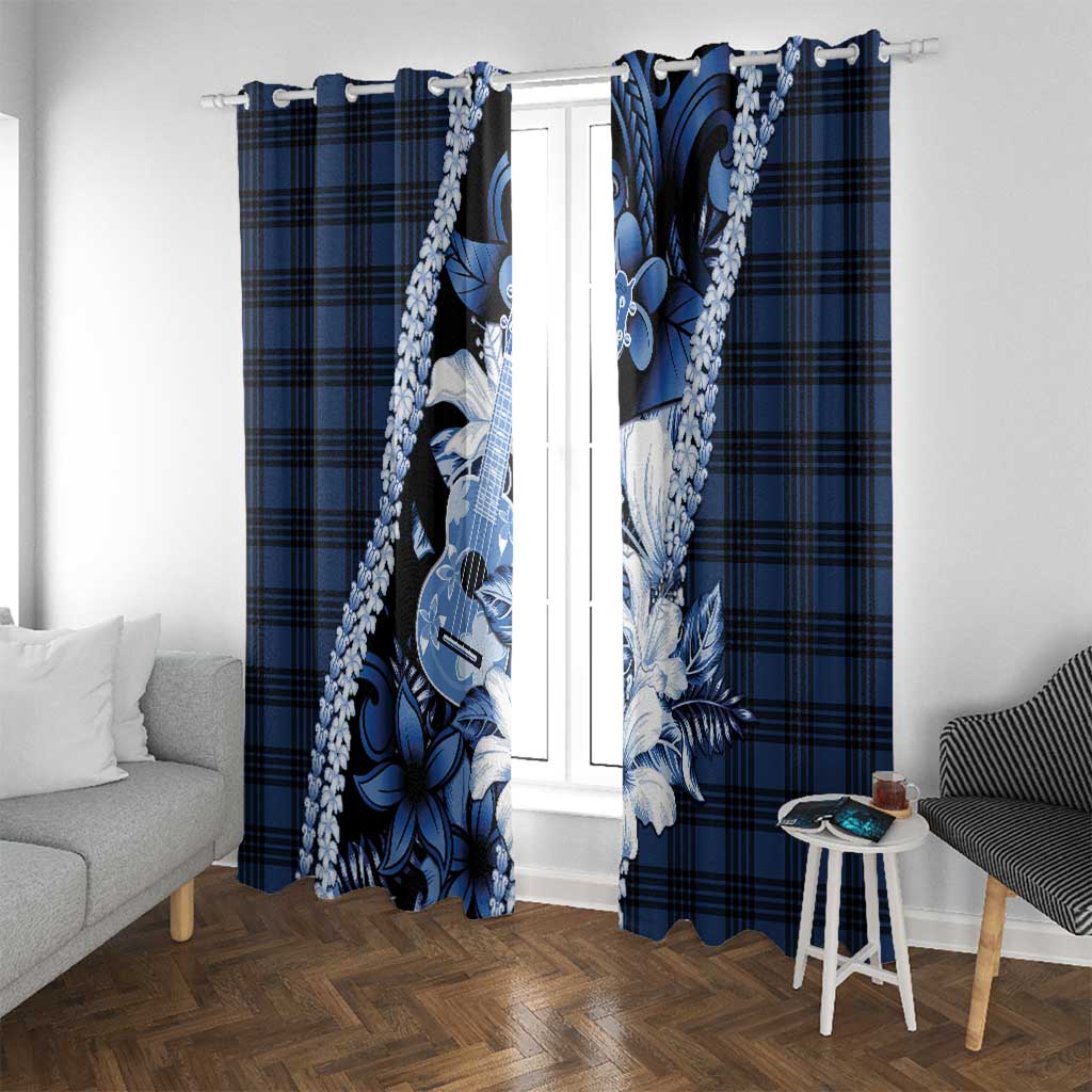 Hawaii Ukulele Window Curtain Tropical Flowers With Palaka Effect Blue Version - Polynesian Pride