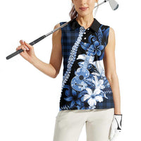 Hawaii Ukulele Women Sleeveless Polo Shirt Tropical Flowers With Palaka Effect Blue Version - Polynesian Pride
