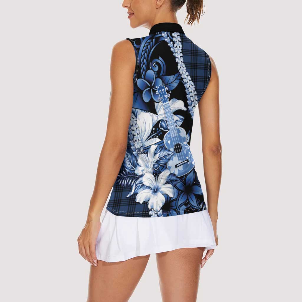Hawaii Ukulele Women Sleeveless Polo Shirt Tropical Flowers With Palaka Effect Blue Version - Polynesian Pride