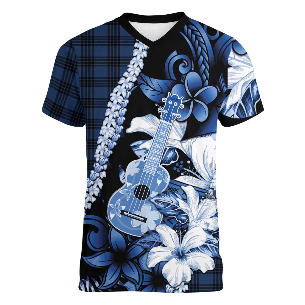 Hawaii Ukulele Women V-Neck T-Shirt Tropical Flowers With Palaka Effect Blue Version LT05 Female Blue - Polynesian Pride