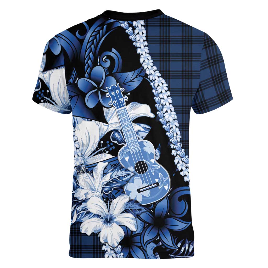 Hawaii Ukulele Women V-Neck T-Shirt Tropical Flowers With Palaka Effect Blue Version LT05 - Polynesian Pride