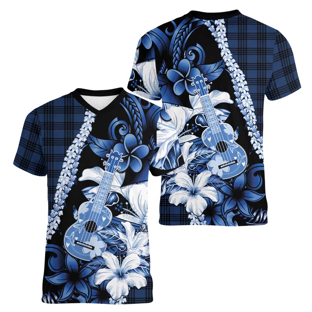 Hawaii Ukulele Women V-Neck T-Shirt Tropical Flowers With Palaka Effect Blue Version LT05 - Polynesian Pride