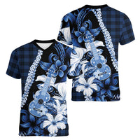 Hawaii Ukulele Women V-Neck T-Shirt Tropical Flowers With Palaka Effect Blue Version LT05 - Polynesian Pride