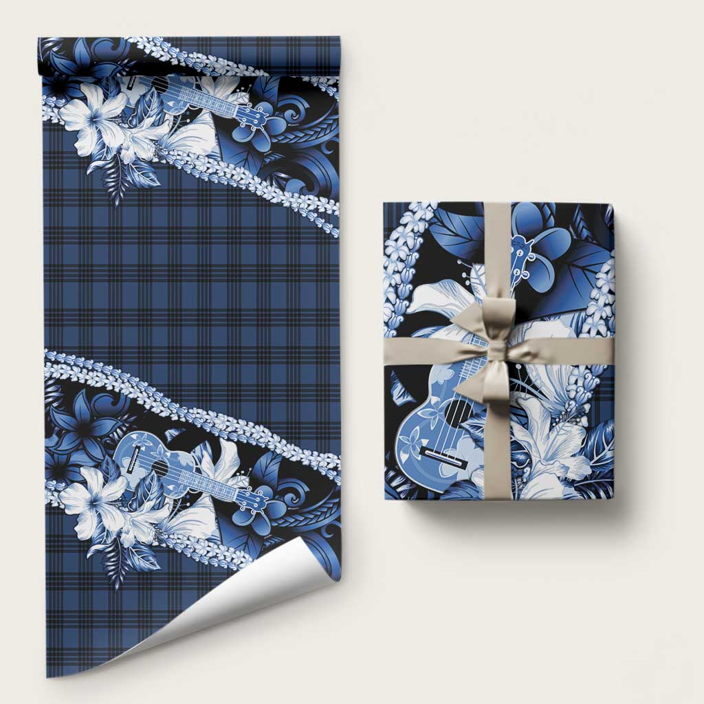 Hawaii Ukulele Wrapping Paper Tropical Flowers With Palaka Effect Blue Version LT05 58" × 23" Blue - Polynesian Pride