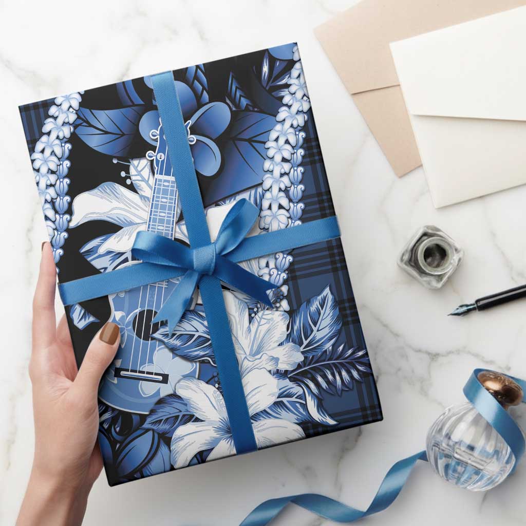 Hawaii Ukulele Wrapping Paper Tropical Flowers With Palaka Effect Blue Version LT05 - Polynesian Pride