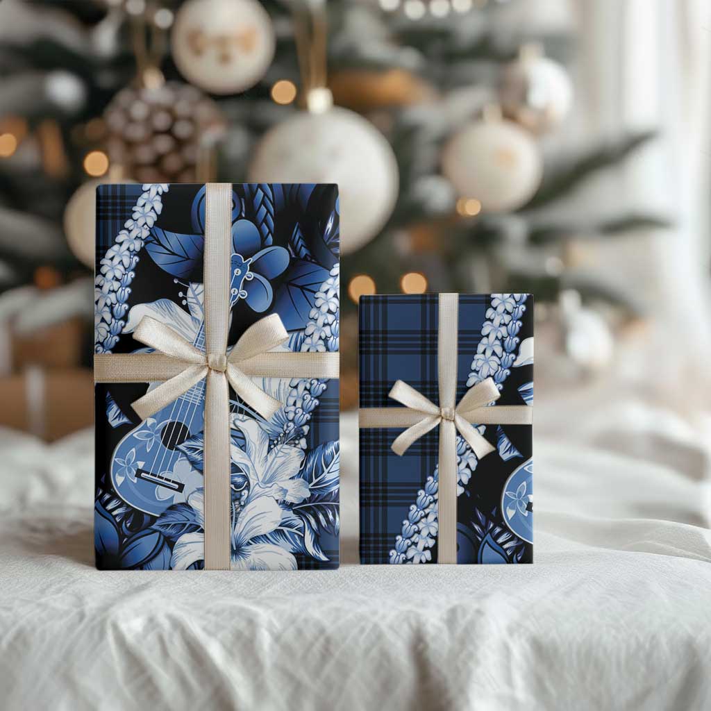 Hawaii Ukulele Wrapping Paper Tropical Flowers With Palaka Effect Blue Version LT05 - Polynesian Pride