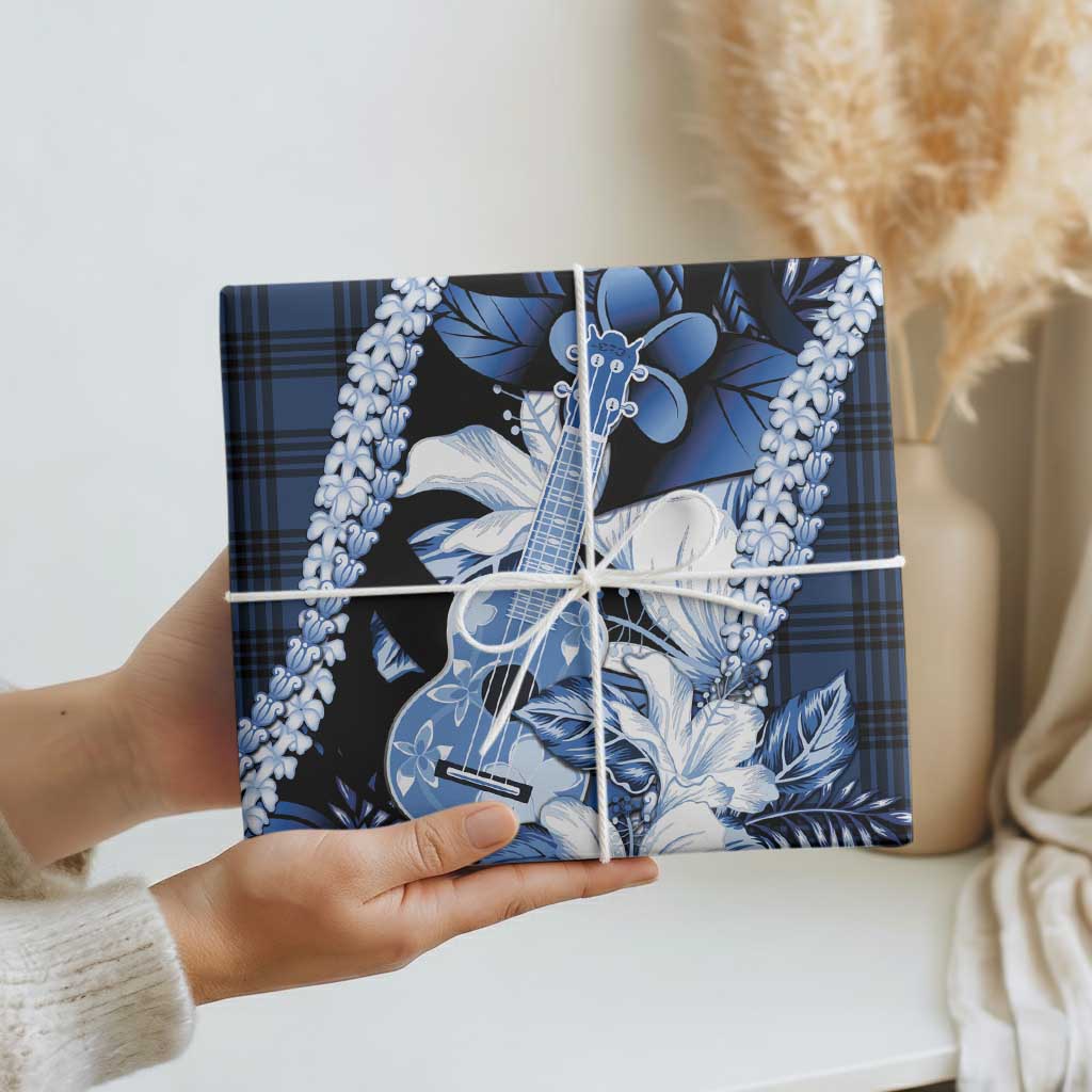 Hawaii Ukulele Wrapping Paper Tropical Flowers With Palaka Effect Blue Version LT05 - Polynesian Pride