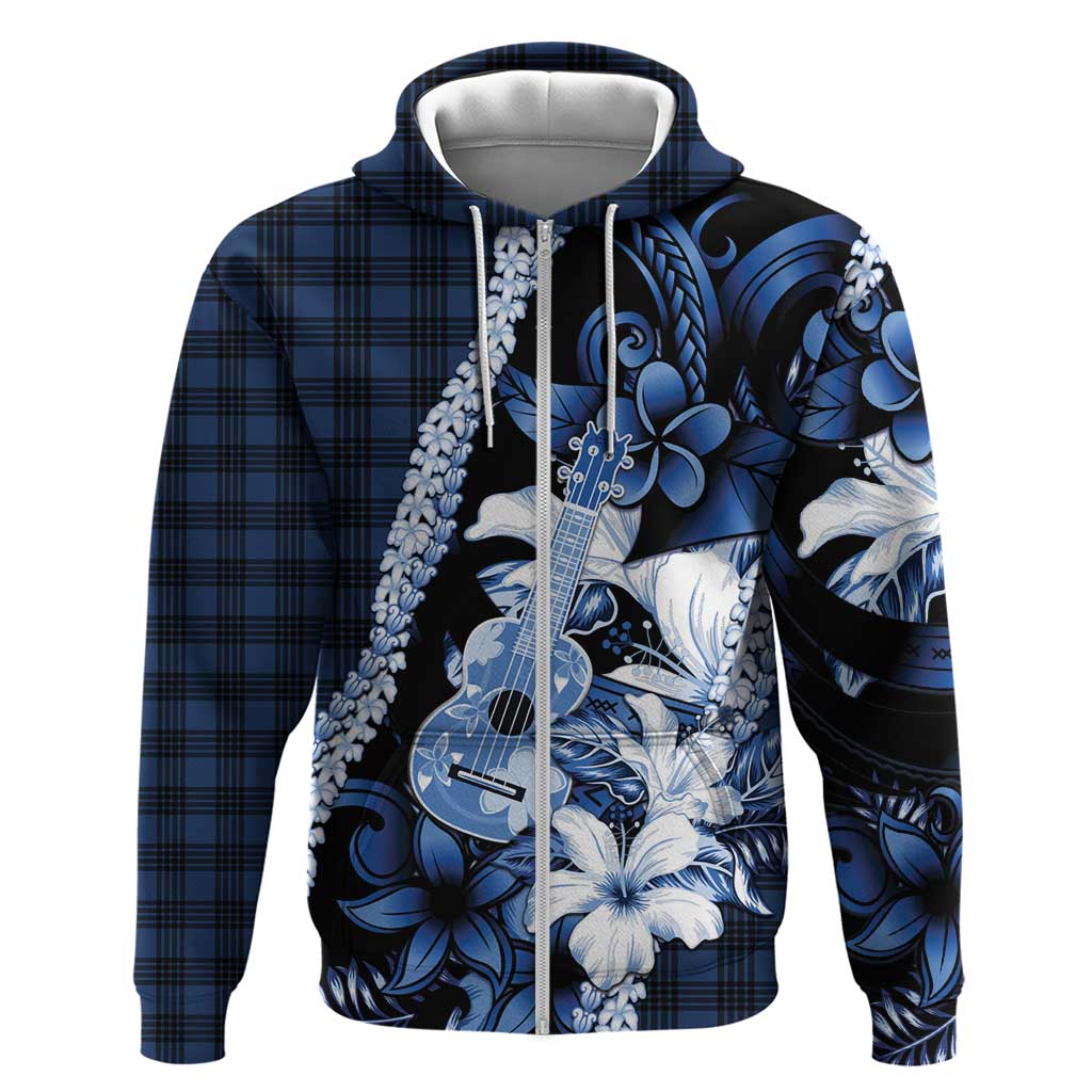 Hawaii Ukulele Zip Hoodie Tropical Flowers With Palaka Effect Blue Version LT05 Zip Hoodie Blue - Polynesian Pride