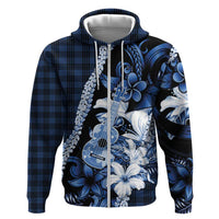 Hawaii Ukulele Zip Hoodie Tropical Flowers With Palaka Effect Blue Version LT05 Zip Hoodie Blue - Polynesian Pride