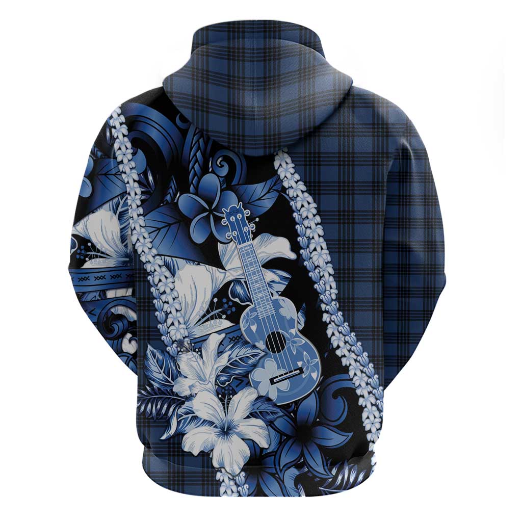 Hawaii Ukulele Zip Hoodie Tropical Flowers With Palaka Effect Blue Version LT05 - Polynesian Pride