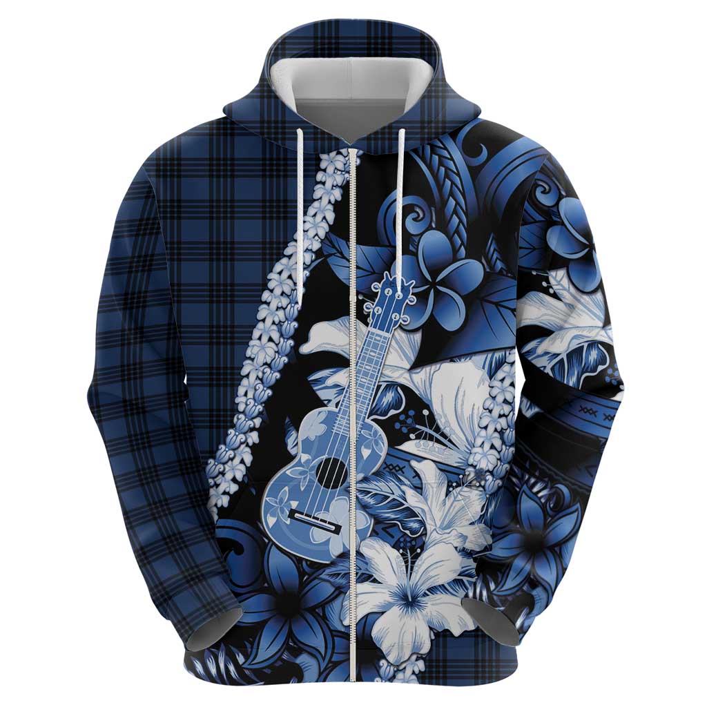 Hawaii Ukulele Zip Hoodie Tropical Flowers With Palaka Effect Blue Version LT05 - Polynesian Pride