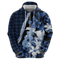 Hawaii Ukulele Zip Hoodie Tropical Flowers With Palaka Effect Blue Version LT05 - Polynesian Pride