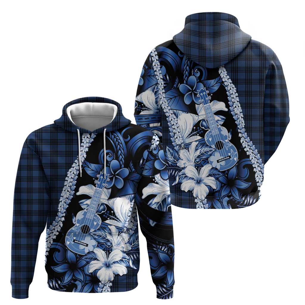 Hawaii Ukulele Zip Hoodie Tropical Flowers With Palaka Effect Blue Version LT05 - Polynesian Pride