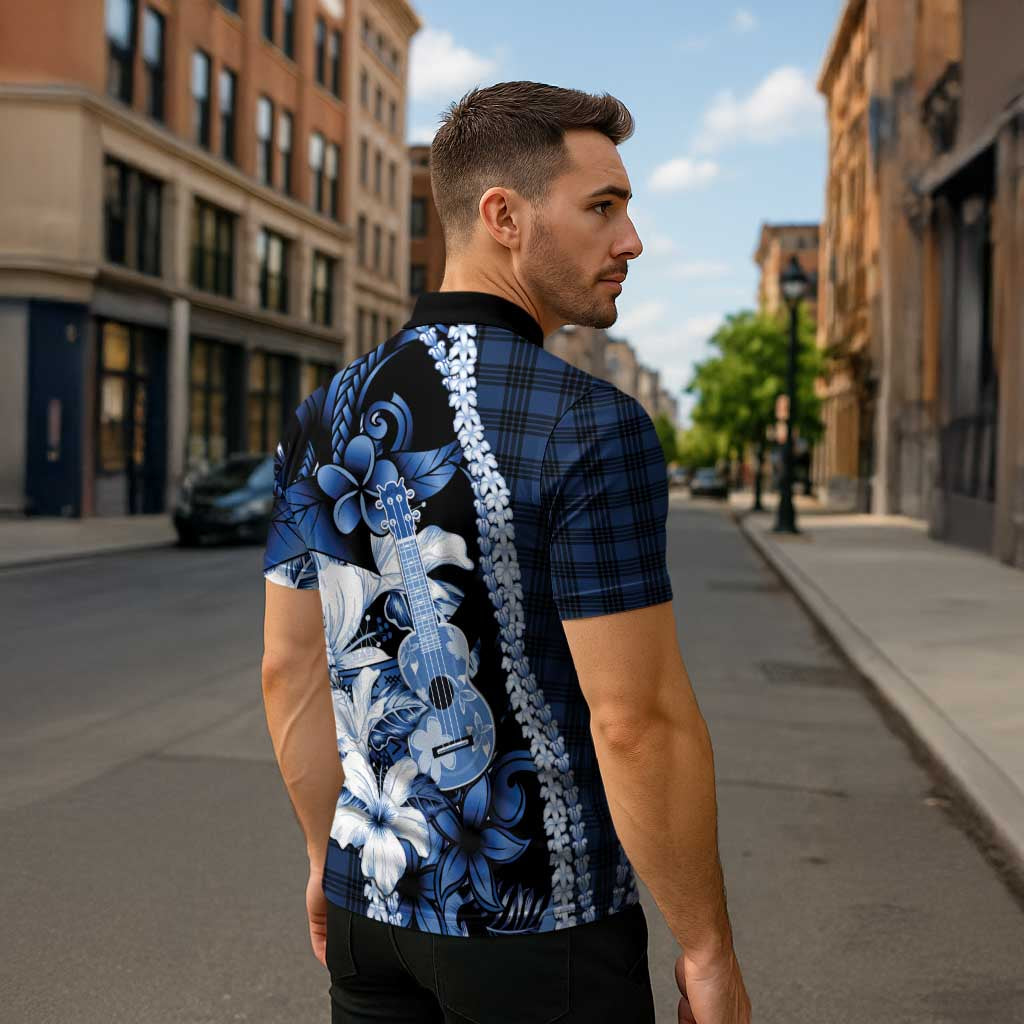 Hawaii Ukulele Zipper Polo Shirt Tropical Flowers With Palaka Effect Blue Version - Polynesian Pride