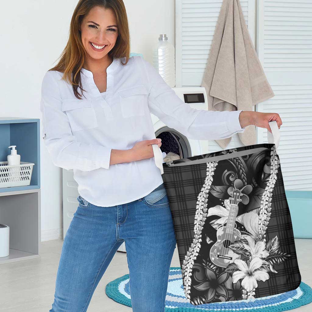 Hawaii Ukulele Laundry Basket Tropical Flowers With Palaka Effect Black Version - Polynesian Pride