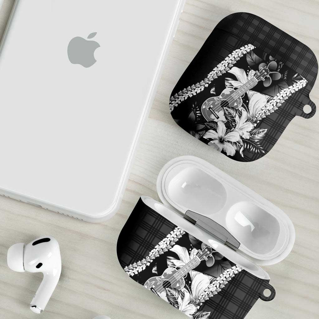 Hawaii Ukulele AirPods Case Tropical Flowers With Palaka Effect Black Version - Polynesian Pride