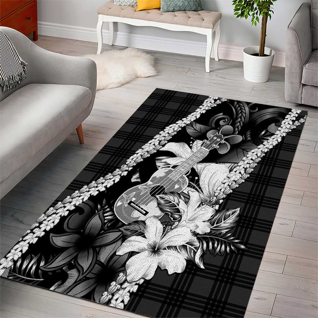 Hawaii Ukulele Area Rug Tropical Flowers With Palaka Effect Black Version - Polynesian Pride