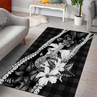 Hawaii Ukulele Area Rug Tropical Flowers With Palaka Effect Black Version - Polynesian Pride