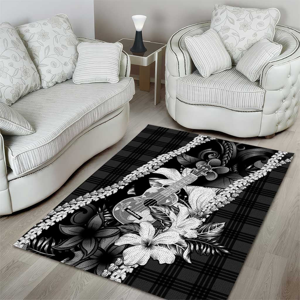Hawaii Ukulele Area Rug Tropical Flowers With Palaka Effect Black Version - Polynesian Pride