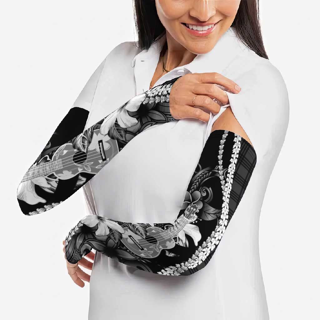 Hawaii Ukulele Arm Sleeves Tropical Flowers With Palaka Effect Black Version LT05 - Polynesian Pride
