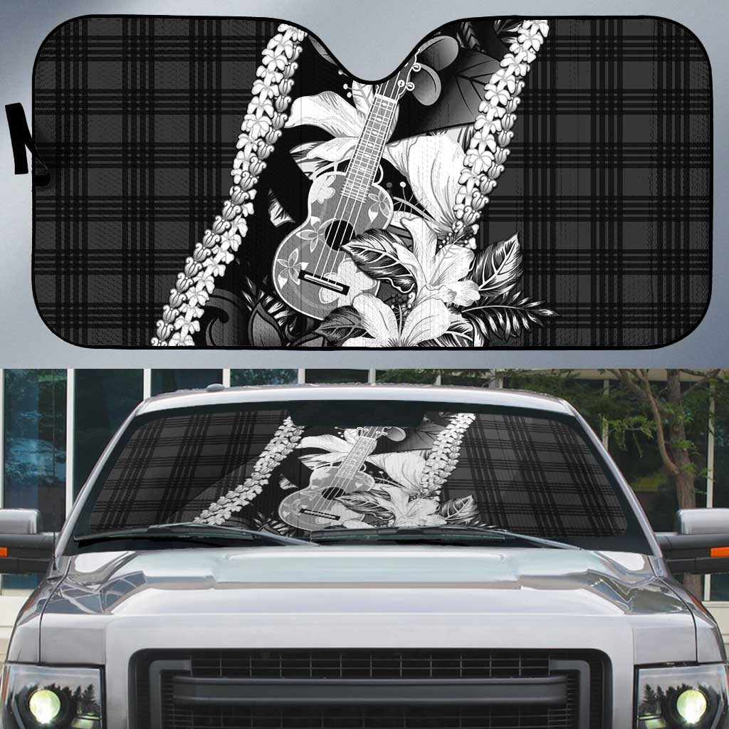 Hawaii Ukulele Auto Sun Shade Tropical Flowers With Palaka Effect Black Version - Polynesian Pride