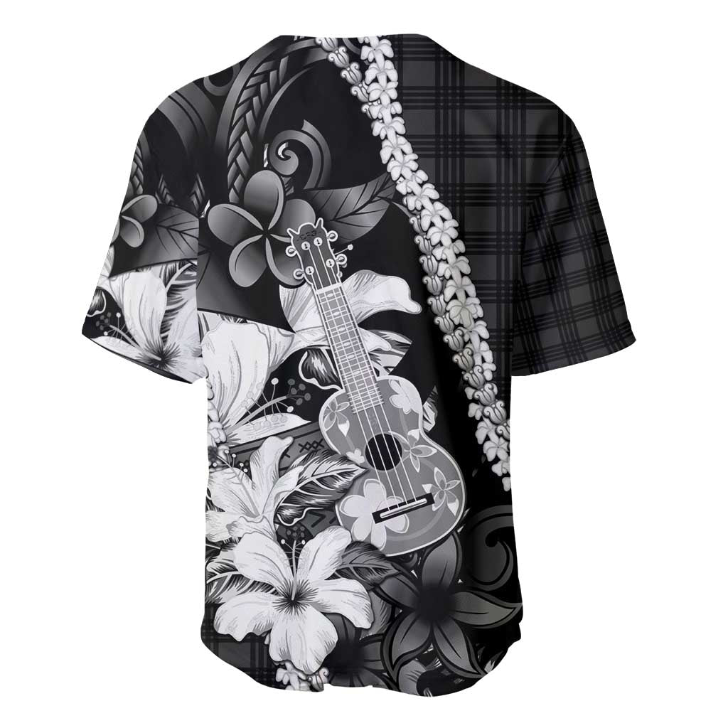 Hawaii Ukulele Baseball Jersey Tropical Flowers With Palaka Effect Black Version - Polynesian Pride