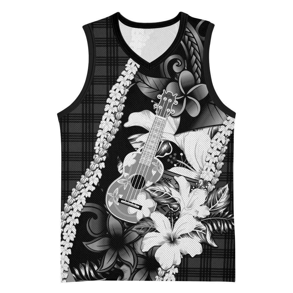 Hawaii Ukulele Basketball Jersey Tropical Flowers With Palaka Effect Black Version LT05 Unisex Black - Polynesian Pride