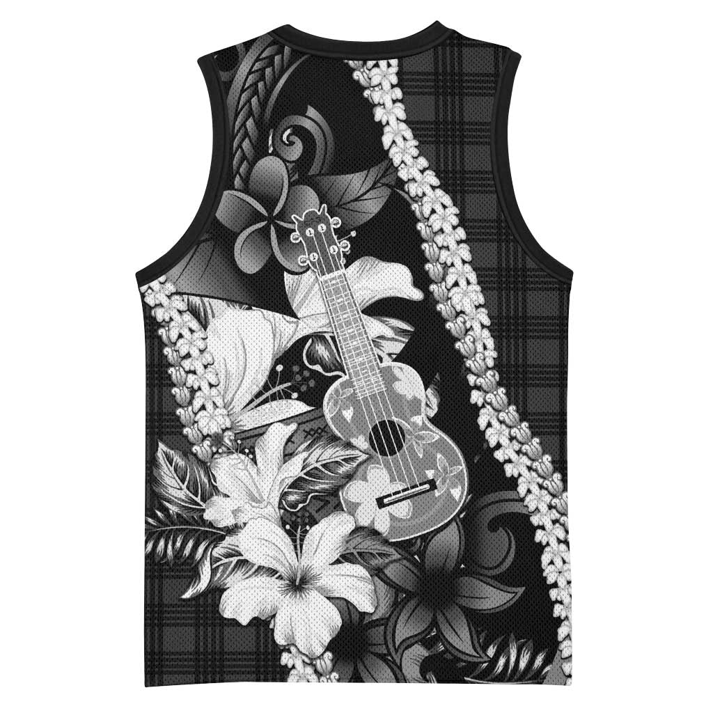 Hawaii Ukulele Basketball Jersey Tropical Flowers With Palaka Effect Black Version LT05 - Polynesian Pride