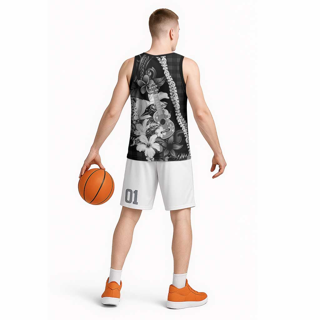 Hawaii Ukulele Basketball Jersey Tropical Flowers With Palaka Effect Black Version LT05 - Polynesian Pride
