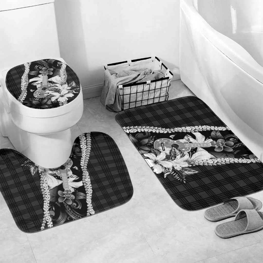 Hawaii Ukulele Bathroom Set Tropical Flowers With Palaka Effect Black Version LT05 Mat Set Only (3 pcs) One Size Black - Polynesian Pride