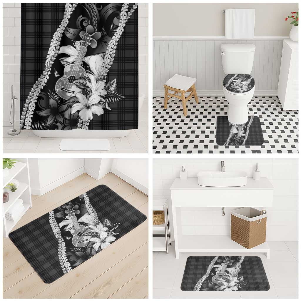 Hawaii Ukulele Bathroom Set Tropical Flowers With Palaka Effect Black Version LT05 - Polynesian Pride