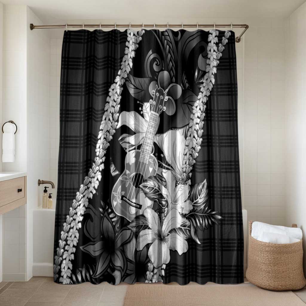 Hawaii Ukulele Bathroom Set Tropical Flowers With Palaka Effect Black Version LT05 Shower Curtain Only Black - Polynesian Pride