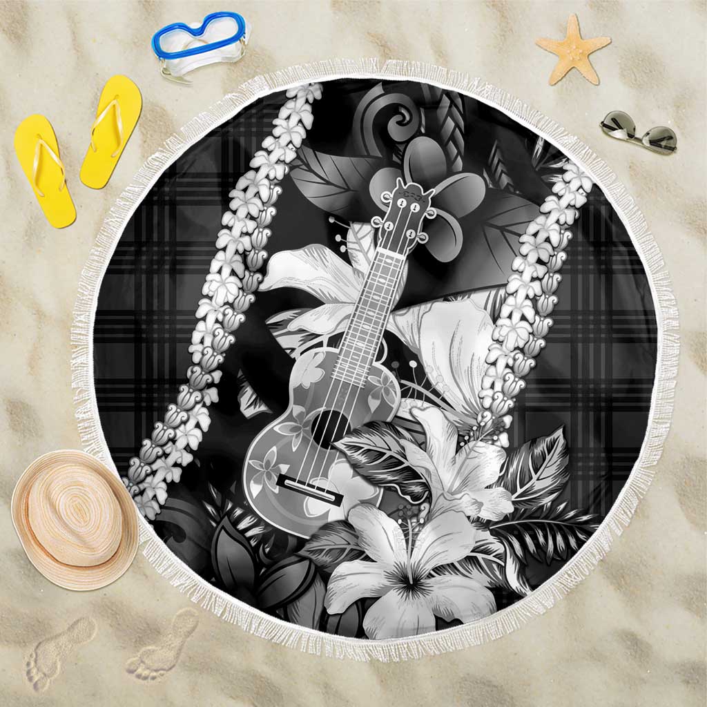 Hawaii Ukulele Beach Blanket Tropical Flowers With Palaka Effect Black Version - Polynesian Pride