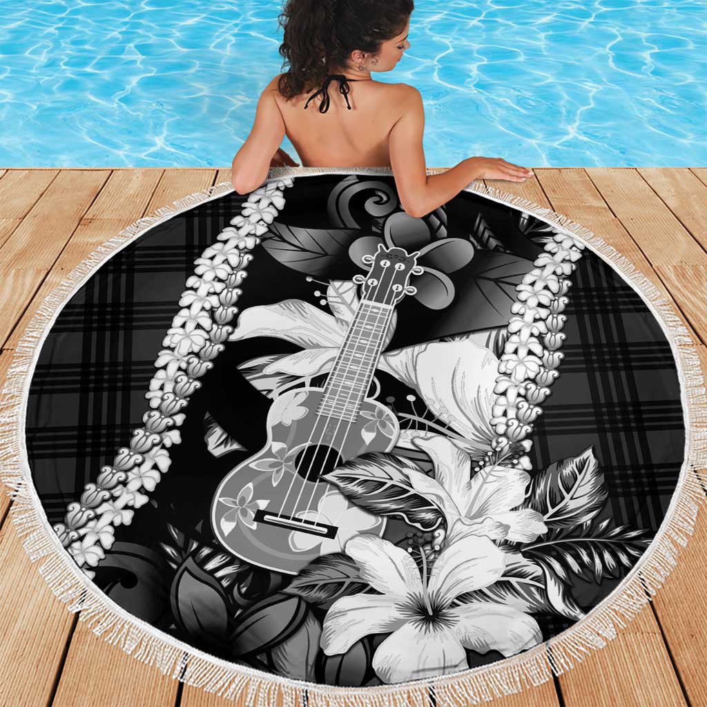 Hawaii Ukulele Beach Blanket Tropical Flowers With Palaka Effect Black Version - Polynesian Pride