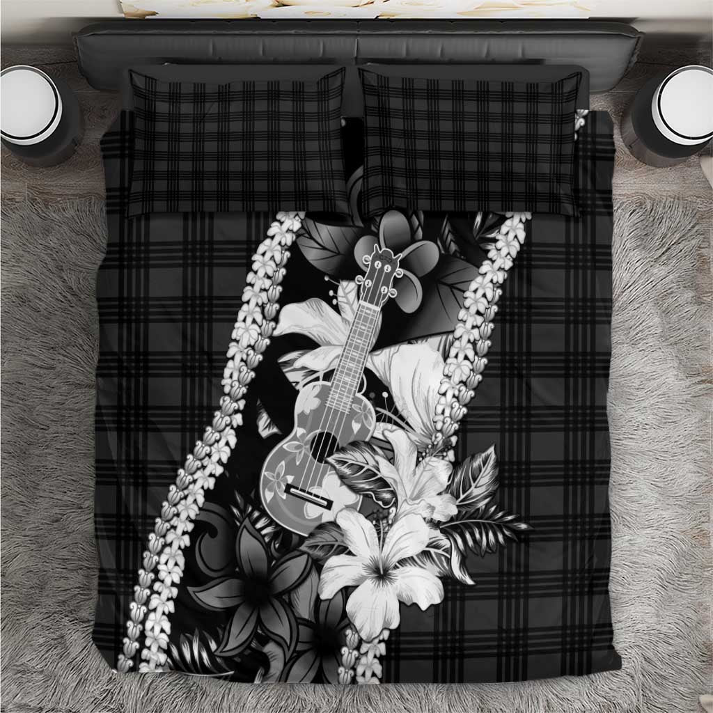 Hawaii Ukulele Bedding Set Tropical Flowers With Palaka Effect Black Version LT05 Black - Polynesian Pride