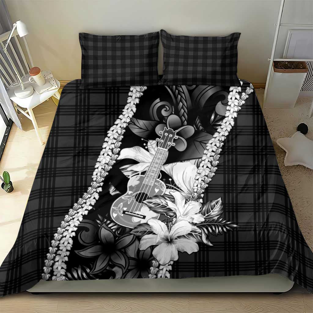Hawaii Ukulele Bedding Set Tropical Flowers With Palaka Effect Black Version LT05 - Polynesian Pride