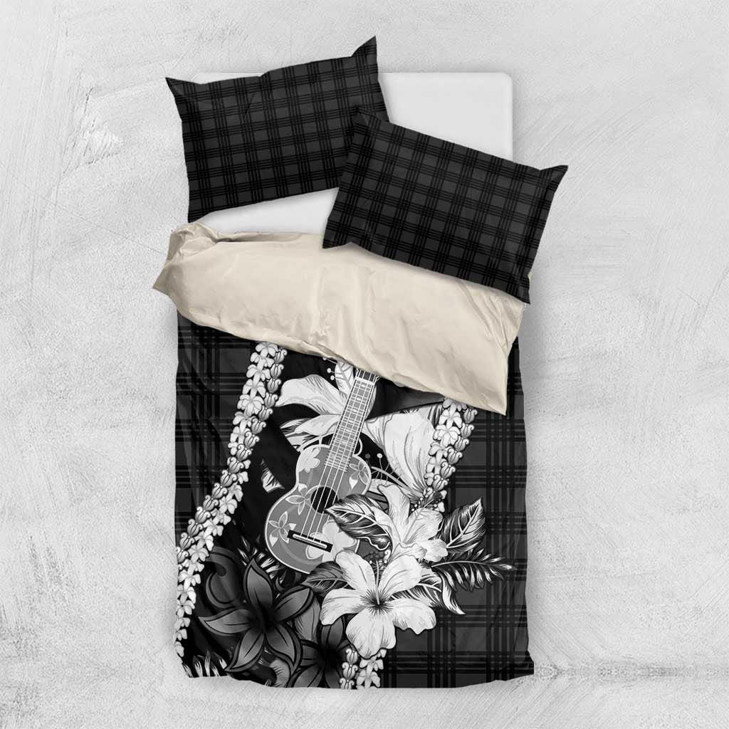 Hawaii Ukulele Bedding Set Tropical Flowers With Palaka Effect Black Version LT05 US Twin 172cm x 218cm Black - Polynesian Pride