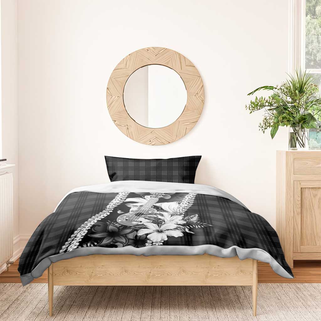 Hawaii Ukulele Bedding Set Tropical Flowers With Palaka Effect Black Version LT05 - Polynesian Pride