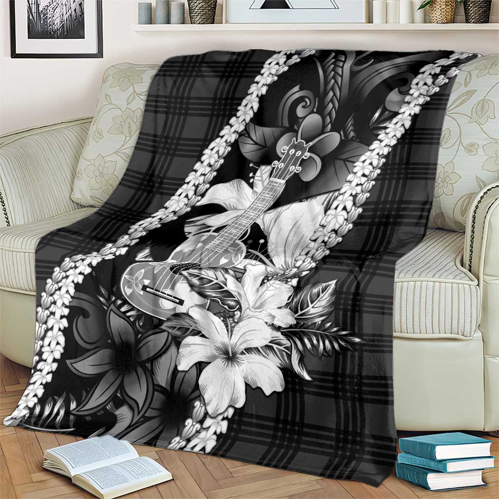 Hawaii Ukulele Blanket Tropical Flowers With Palaka Effect Black Version LT05 - Polynesian Pride